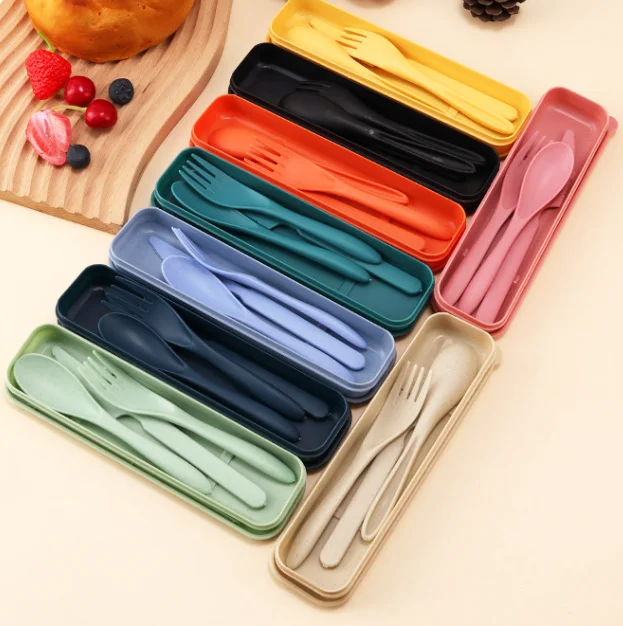 New Eco-friendly Plastic Multicolored Cutlery Set Frost Technique 3-Piece Spoon Fork Knife Dinnerware Home Camping
