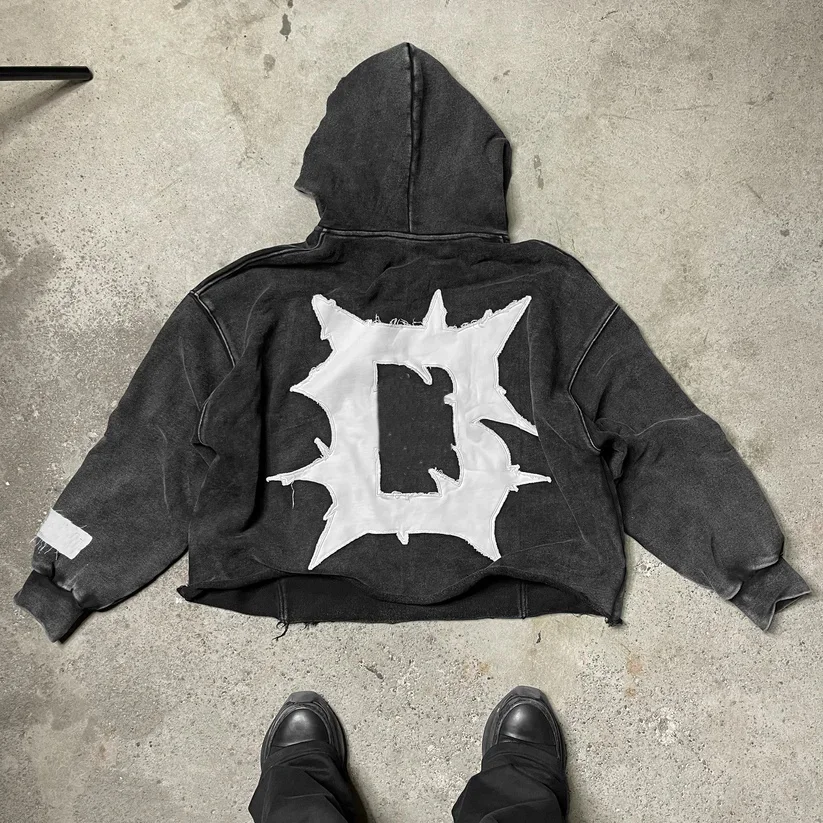 Walang Pocket Sun Faded Cut Edge Custom 500 Gsm Acid Wash Cropped Hoodies para sa Lalaki Raw Hem Applique Distressed Patch Embroidery Hoodies