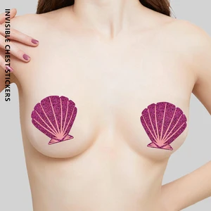 Fashion Glitter Sexy Disposable Breathable Rhinestone Sticky Breast Petals Rose Pink Shell Shape Self-adhesive Nipple Covers