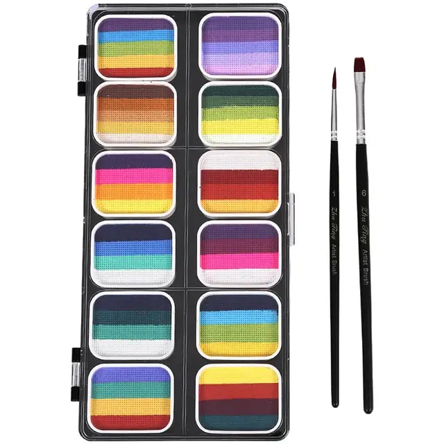 12-color Gradient Washable Rainbow Strip Painting Set Face Paints Kit for Children Makeup Palette Halloween The Pen Body