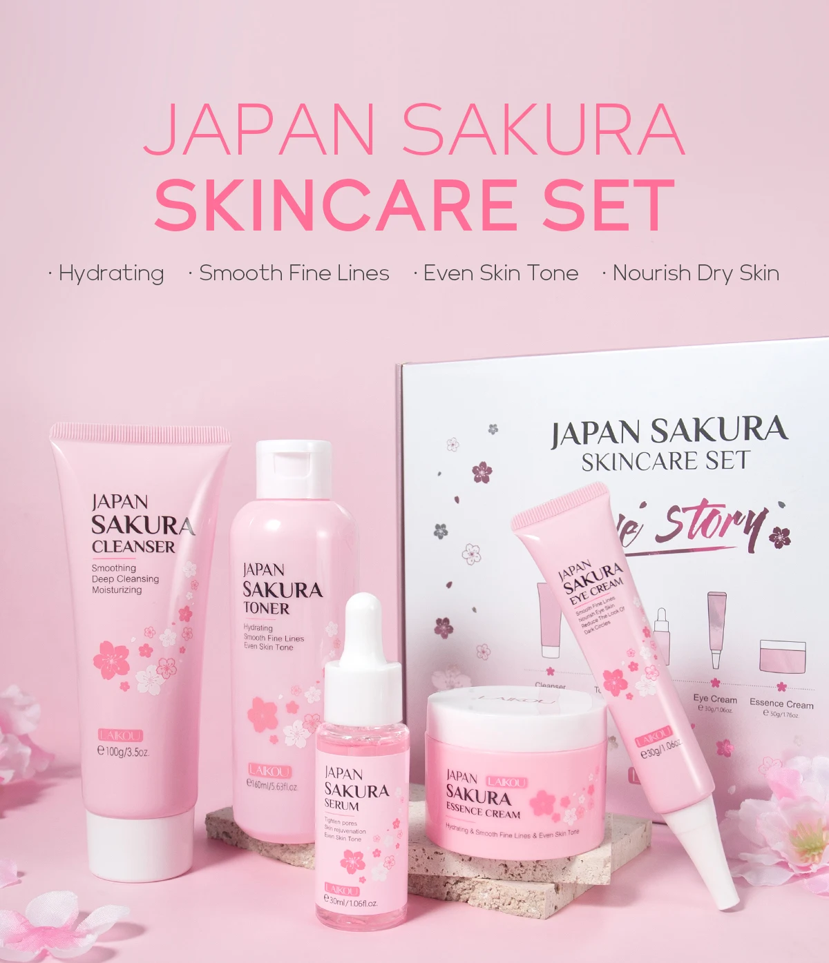 LAIKOU Sakura 5pcs Skin Care Set Best for Improving Wrinkles Rough