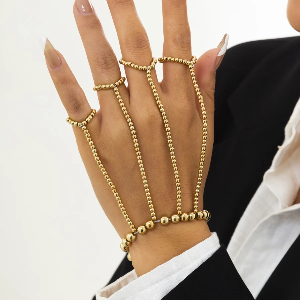 Boho Hand Harness Chain Jewelry Pearl Link Chain Connected Finger Ring  Bracelets for Women Charm Friendship