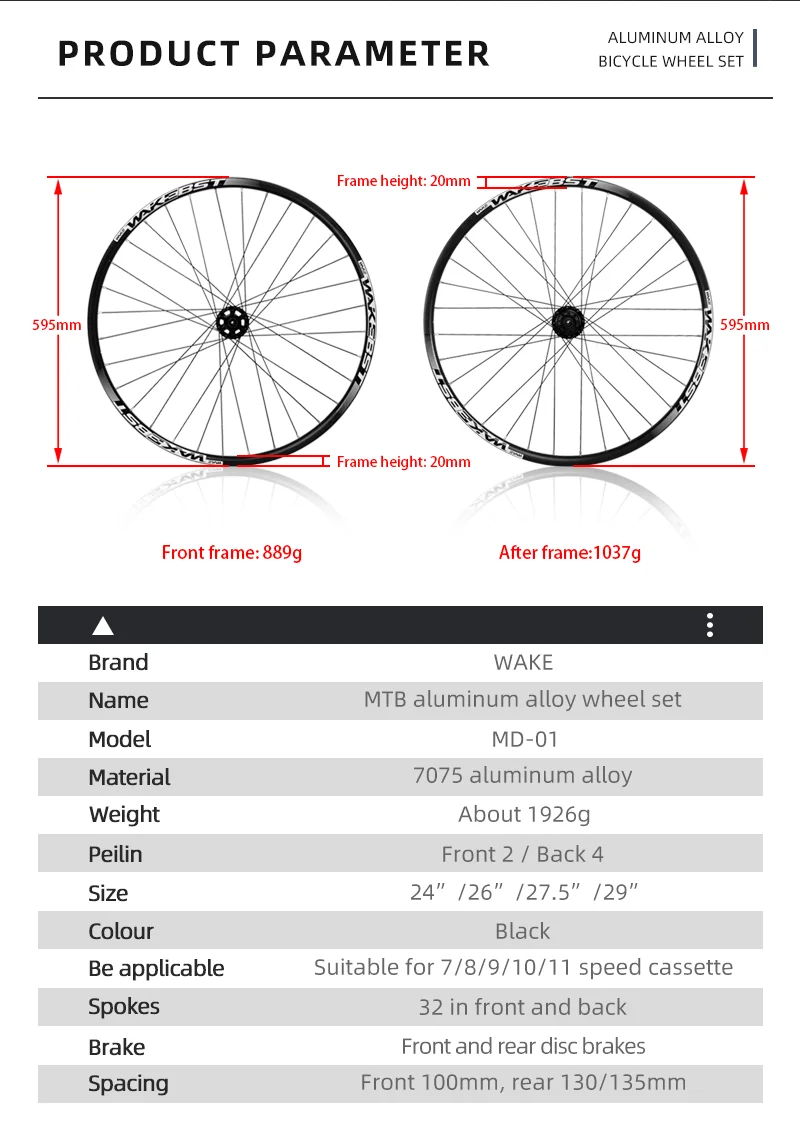 Wake Mountain Bike Wheelset 24/26/27.5/29 Inch,Fit 7-11 Speed Cassette ...