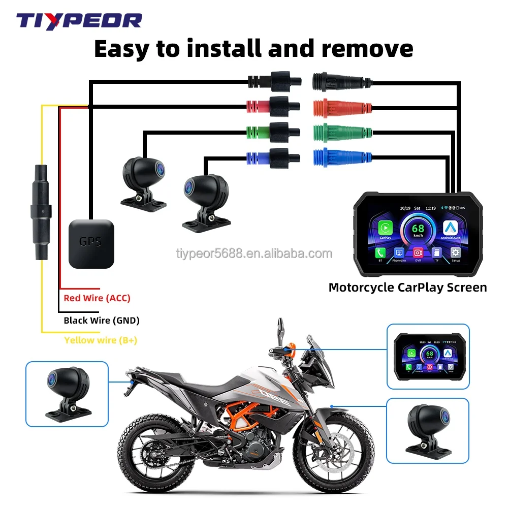 product tiypeor 5inch moto gps waterproof wireless android auto carplay portable motorcycle display screen navigation with dvr-3