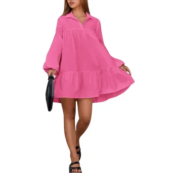 Women's Spring and Autumn Solid Color Lantern Sleeve Ruched Babydoll Shirt Dress