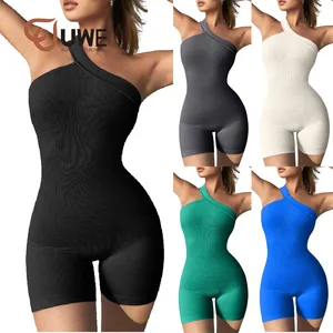 Custom Logo Women One Shoulder Bodycon Skinny Short Onesie Workout Yoga Jumpsuit