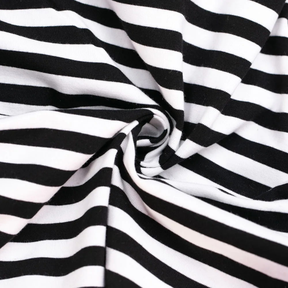 Tissu Jersey Tricot Tricoté noir blanc rayé rayures