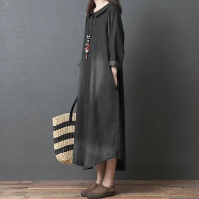 China Cloth Factory Ladies Turn-Down Collar Dresses Women Long Sleeve Plus Size Maxi Denim Dress