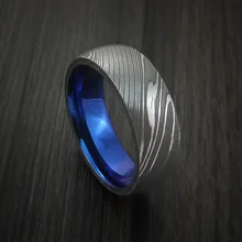 Wholesale Price Domed Surface 8mm Damascus Steel Jewelry For Men IP Blue Damascus Steel Ring Steel Fashion Ring