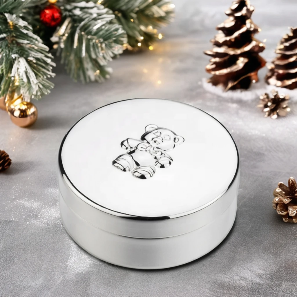 Elegant Design Metal Round Box Mini Teddy Bear Trinket Box Silver Bear Pattern Keepsake Box for Personalized Gift