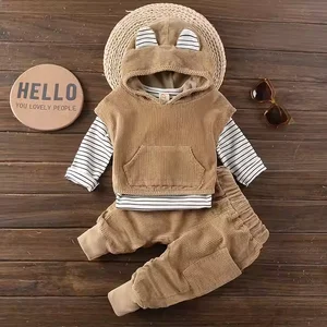 Spring Autumn Corduroy Polyester/Cotton Cute Bunny Two-Piece Kids Clothing Set for Boys with Pocket Wholesale