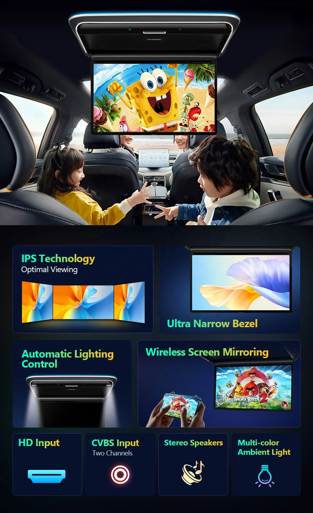 XTRONS 14" FHD IPS Car Screen Ceiling Flip Down Bus Monitor 1920*1080 Overhead Roof Android Car Monitor HD / CVBS Input Car TV