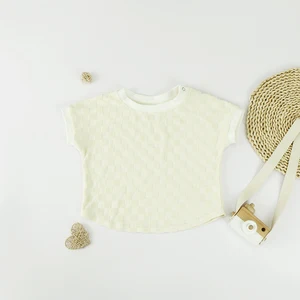 Summer Short Sleeve Clothes Top Checkerboard Towel Cloth Baby Boy T-shirt with Snap Shoulder