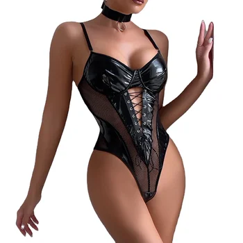 Hot Girl PU Leather Bodysuit With Choker Mesh Waist Lace-Up Backless Women's Sexy Lingerie Set Wholesale Supply