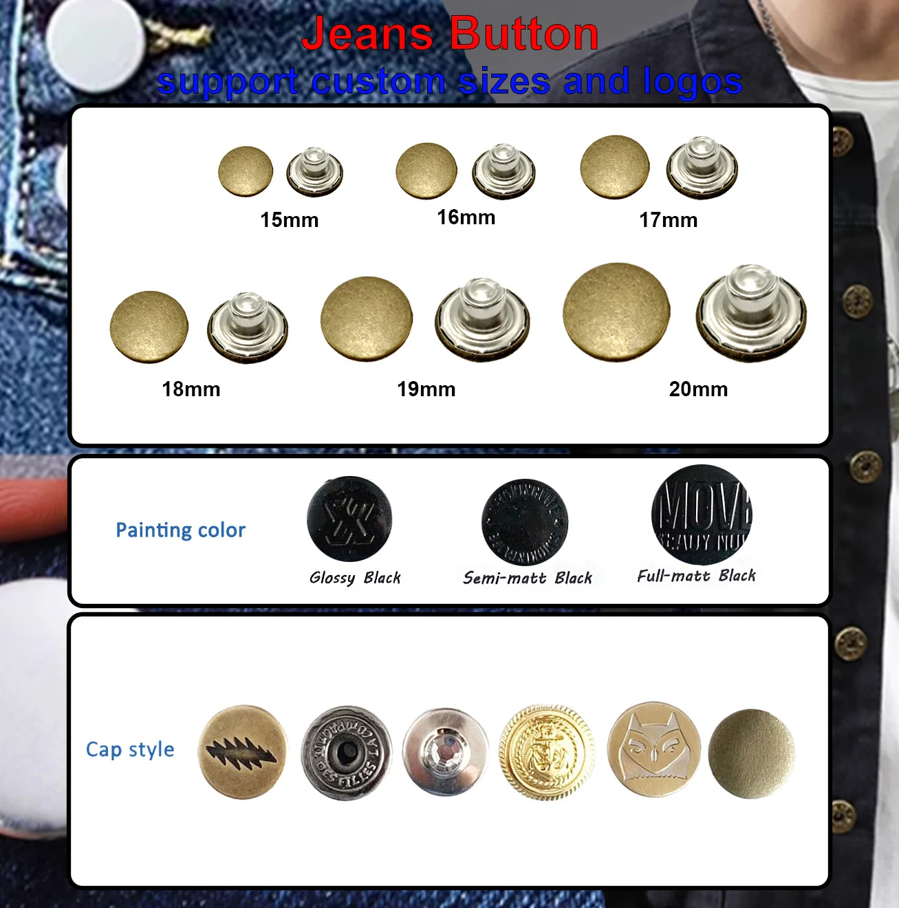 Custom Logo Jeans Buttons, Metal Denim Buttons & Rivets, 13mm-20mm, OEM/ODM, Jeans Snap Button for Clothing Manufacturers