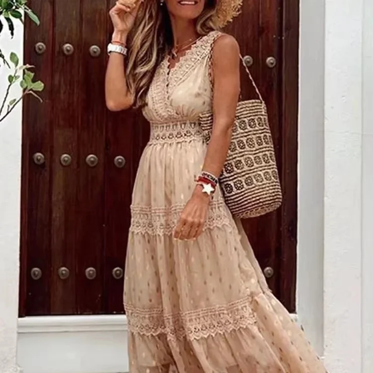 knee length dresses for ladies Boho Lace Blue Open Back Maxi Dress| ShopSkaira Medium