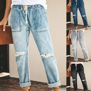 Summer sexy temperament European and American denim straight pants elastic large size women's jeans