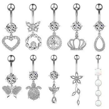 10Pcs/Set Heart Butterfly Flower Belly Rings Surgical Steel Bar Barbell Horse-Eye Zircon Inlay Dangle Navel Ring Body Jewelry