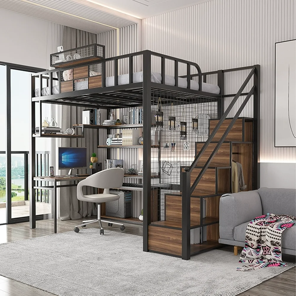 Factory Direct European Style Small Apartment Home Dormitory Metal Stable Student Wooden Storage Loft Bunk Bed with Desk