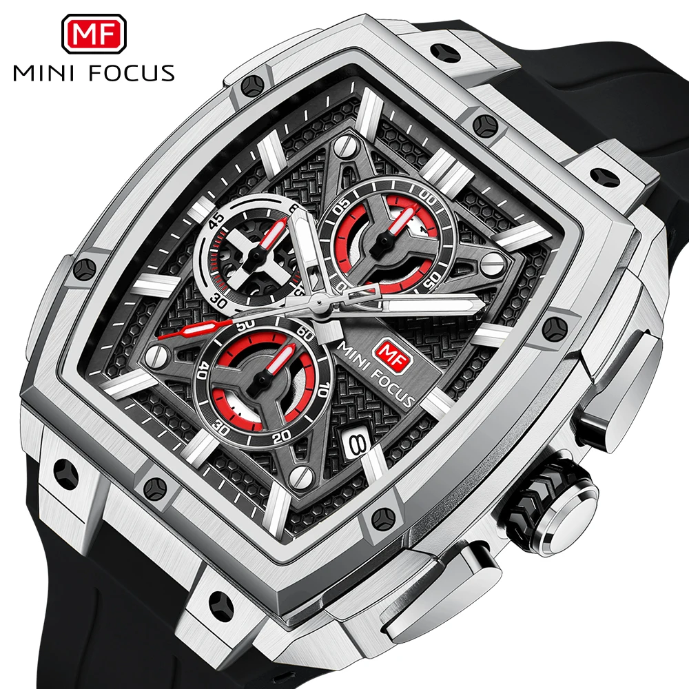 MINI FOCUS Chronograph Quartz Man New Model Watch for Men Sport Wristwatch with Black Rose Gold Silicone Strap MF0602G