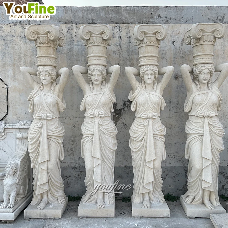 Large Home Decoration Hand Carved Marble Woman Figure Statue Pillar Column for Sale