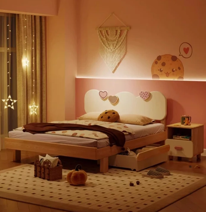 Simple Modern 1.5-Meter Princess Bed for Girls Solid Wood Children's Bedroom Furniture 1.2-Meter Single Park Living Room School