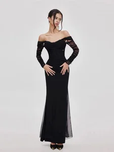 Elegant Summer Cold Shoulder A-Line Floor Length Party Dress Sexy Polyester Design Strapless Evening Dress