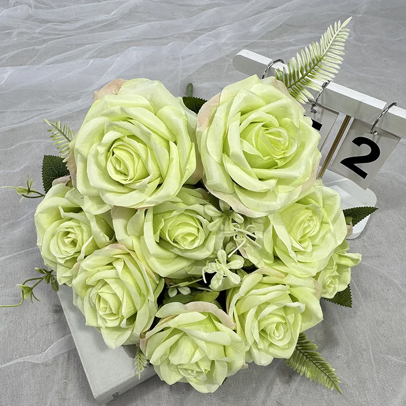 product qyy high quality new artificial flower meijiang bunch 9 large curled rose green silk cloth artificial flower-58