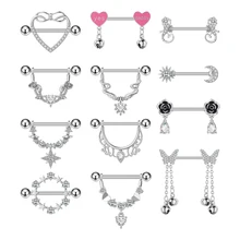 Set 5 Newly Designed 316L Steel Diamond Nipple Rings Indian Style Butterfly Heart Bell Chest Ornaments Zircon Piercing Jewelry