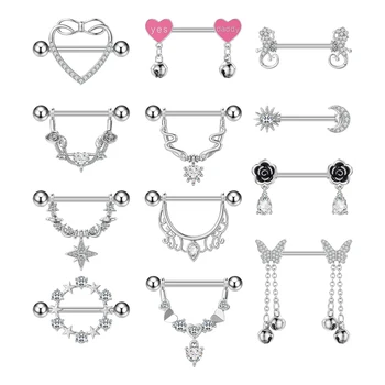 Set 5 Newly Designed 316L Steel Diamond Nipple Rings Indian Style Butterfly Heart Bell Chest Ornaments Zircon Piercing Jewelry