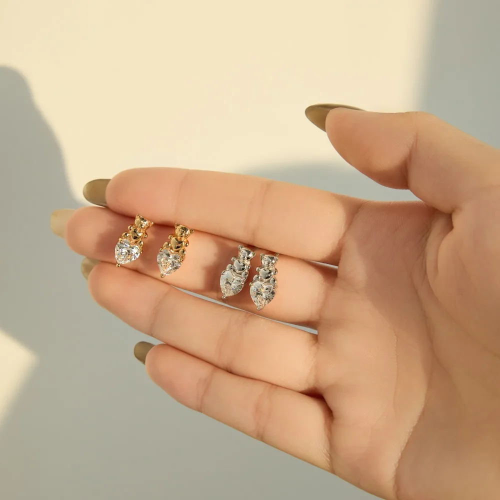 KAKODIY Cute Design Mini Fine Jewelry Rhodium Plated Champagne Gold 925 Sterling Silver 5A Cubic Zirconia Bear Heart Stud Earrings Women detail 3