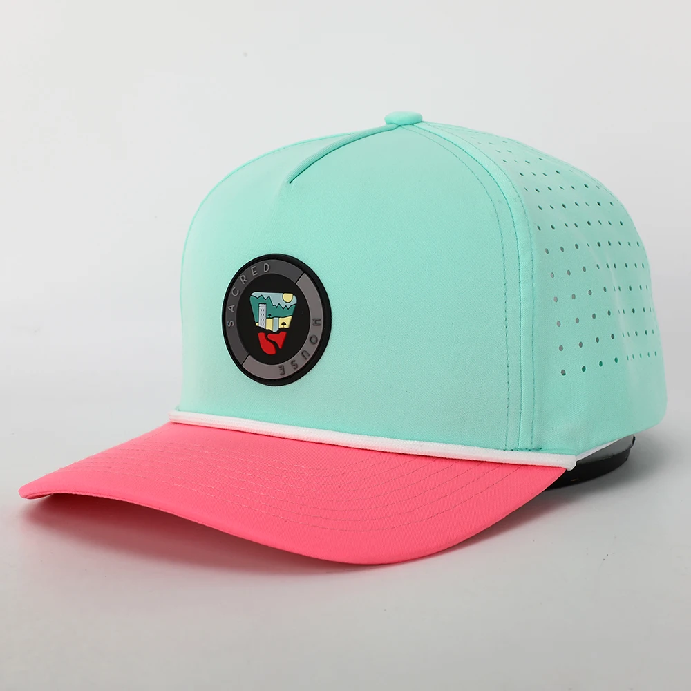 Wholesale Custom PVC Patch Logo Two Tone Polyester Rope Dad Hat,Laser Cut Hole Perforated Gorras,Sports Golf Baseball Cap