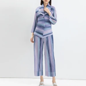 Women's Casual Striped Printed Pleated Lapel Stretch Top and High Waisted Straight Pants Office Fashion Two Piece Office Suit