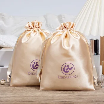 Luxury Gold Satin Silk Bag with Single String Custom Logo Dust Pouch for Jewelry Luxury Textile Packaging Gift