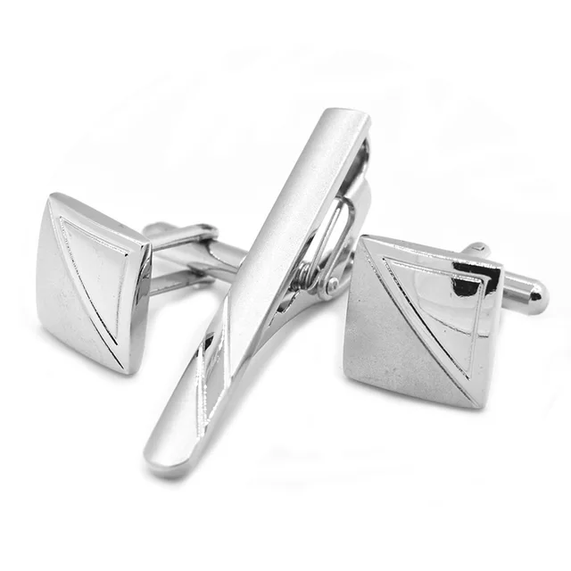 Wholesale Silver Color Simple Cufflinks and Tie Clips Custom Mens Suit Shirt Accessory Tie Bar Wedding Tuxedo Jewelry Tie Pin