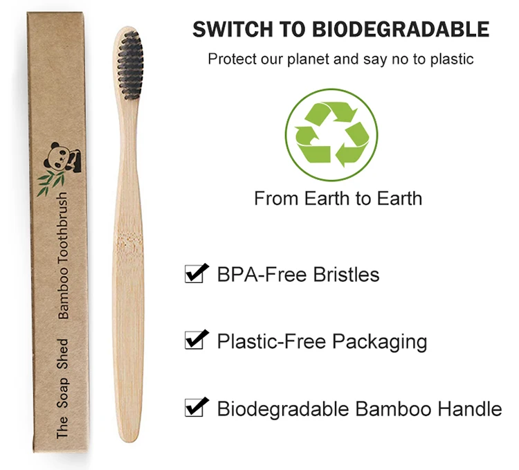 Natural Bamboo Toothbrush Wooden 100% Biodegradable Charcoal Bamboo ...