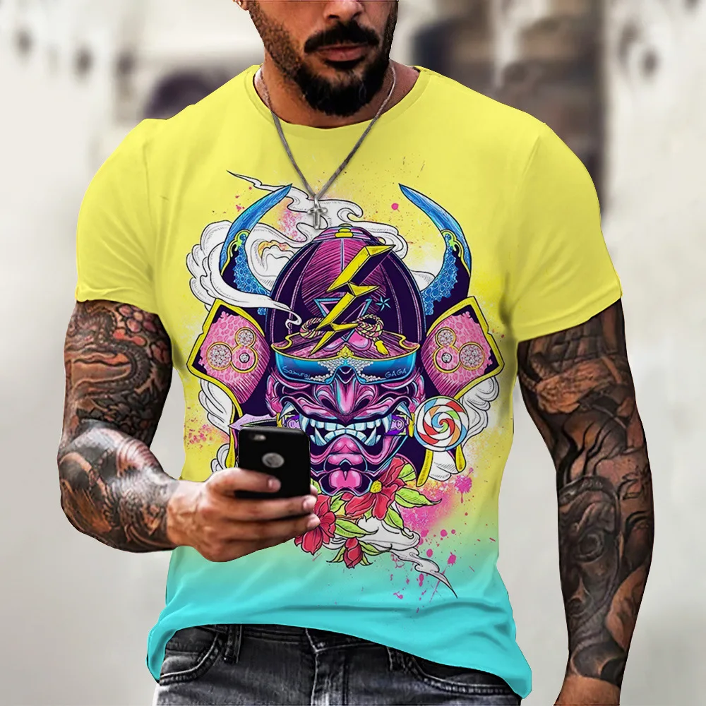Cross Border Japanese Style Harajuku Samurai Tattoo Men's T-shirt Fashion Art Mask Round Neck Short Sleeved Punk Clothing