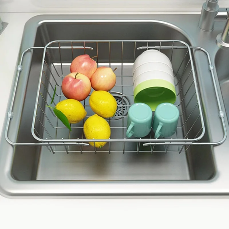 Kitchen Drain Rack Vegetable Fruit Telescopic Basket 304 Stainless Steel Sink Drain Rack