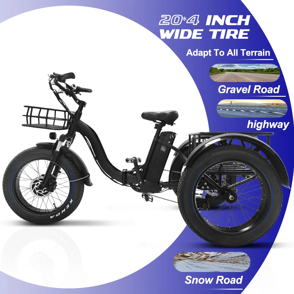 20 Inch Electric Trike Adults 750w Motor Fat Tire 3 Wheel Tricycle Bike Electro Three Wheels