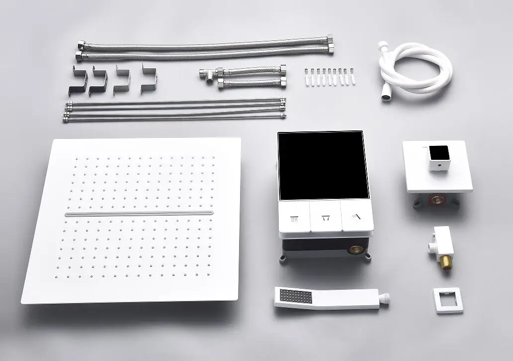 Smart Temperature Display 3 Function Thermostatic White Shower System Set Large Bathroom Waterfall Rain Shower Head