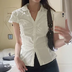 Fashion women shirts blouses and tops turn down collar button short sleeve With a belt white blouse