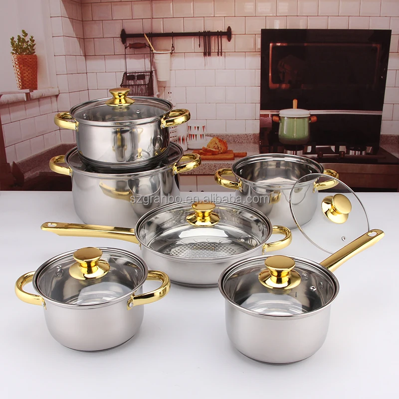 Hot Sale 12pcs Stainless Steel Cookware Set with Golden Handles Belly Pot  Frying Pan Soup Pot Set with Capsuled Bottom