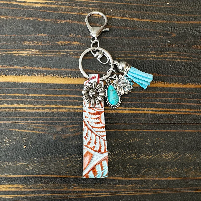 Retro Embossed Turquoise Ox Head Cactus Flower Tassel Western Cowboy Keychains Pu Leather Wristband Keychains for Men Pendant