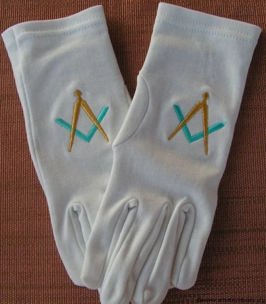Unbekannt Freimaurer Baumwolle Handschuh mit Golden Mylar Bestickt Winkel und Kompass