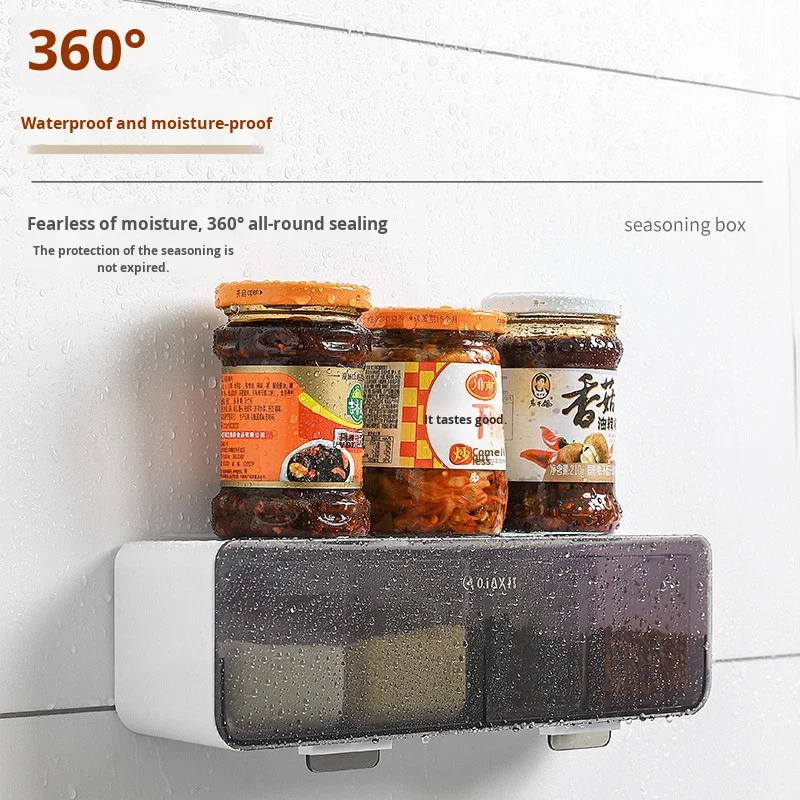 Conjunto de Caixa de Temperos de Parede com Quatro Compartimentos sem Perfuração, em Plástico, Seguro para Lava-Louças e Forno, Design Sustentável para Temperos Domésticos