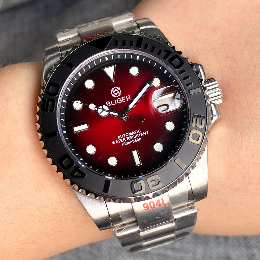BLIGER Solar 100m Waterproof Automatic Watch Men Divng Wristwatch Chapter Ring 904L Bracelet 40mm Sub Professional Watch