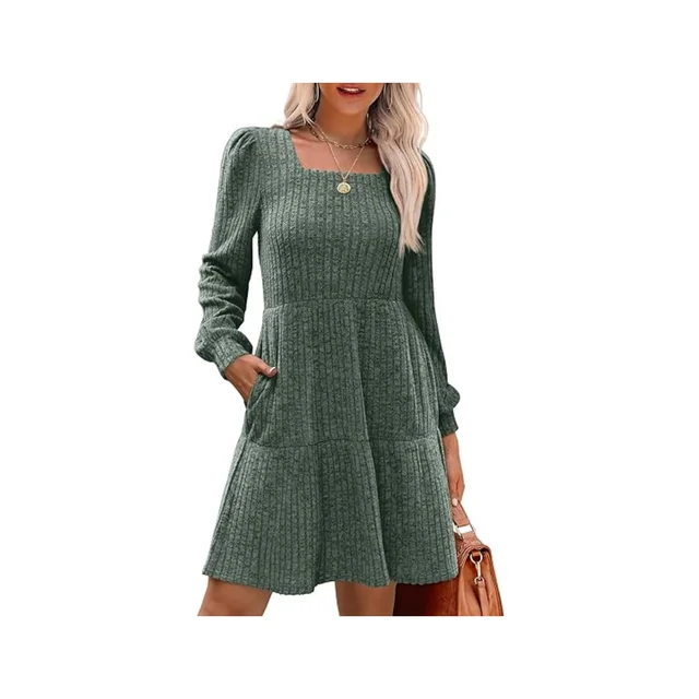 Womens Square Neck Long Sleeve Fall Dresses Casual Babydoll Sweater Dress