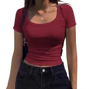 2025 Summer Women's Round Neck Short Sleeve Ribbed Casual Sexy T-shirt