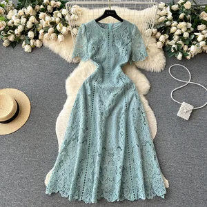 AE20260504 Retro Elegant Chiffon Lace Solid Midi Natural Waist A-line Smart Casual Dress for Women