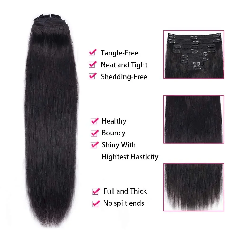 Extensions de cheveux à clipser Cheveux humains Couleur naturelle Cheveux humains raides Extension à clipser sans couture 16-26 pouces Extension de cheveux à clipser_voghion.com